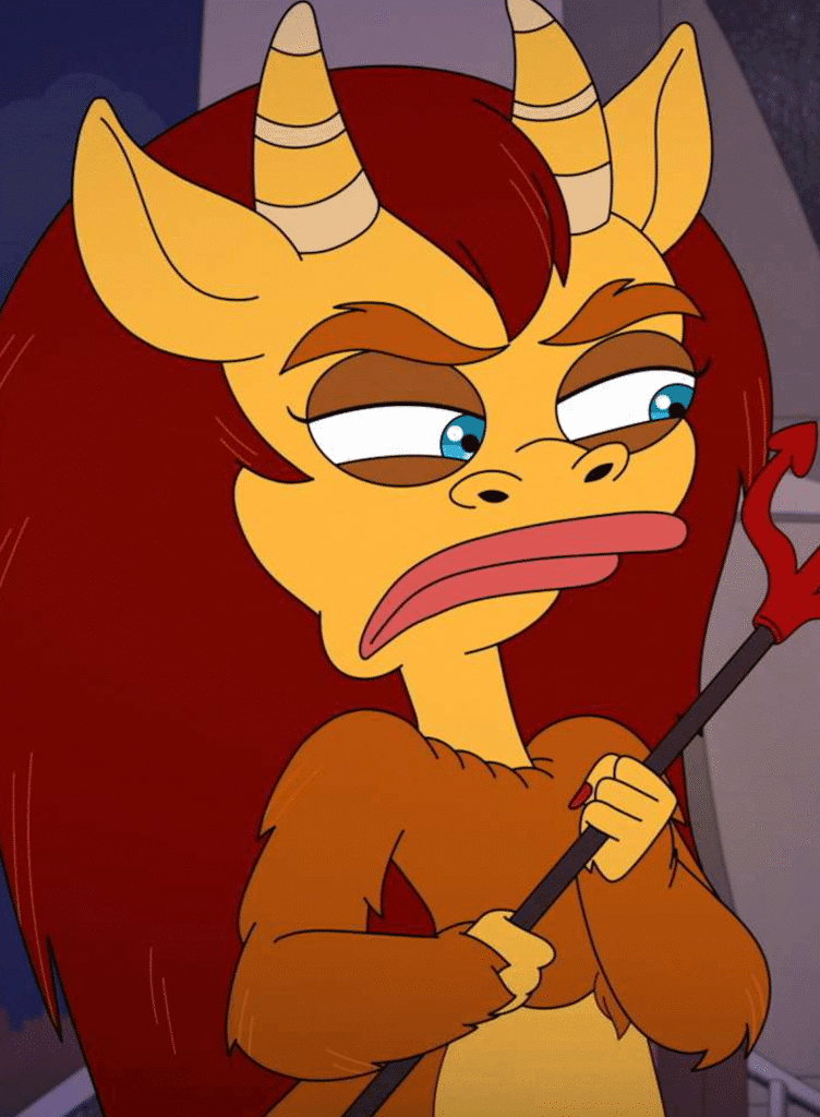 Cartoon female creature with horns, long red hair, and a skeptical expression, holding a red trident-like staff